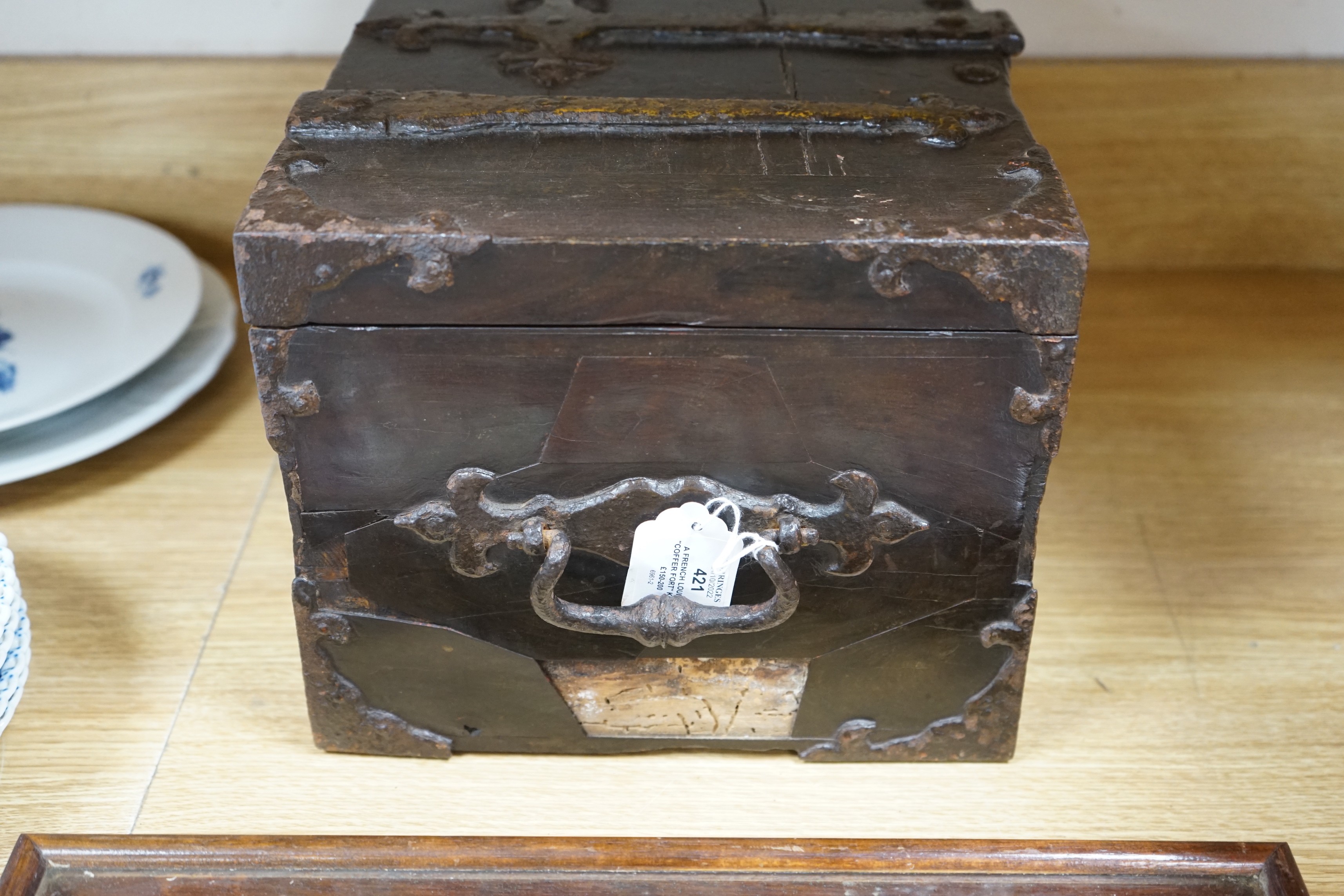 A French Louis XIV “Coffer Fort” kingwood and ironbound strong box, c.1700, 39 cms wide x 22 cms high